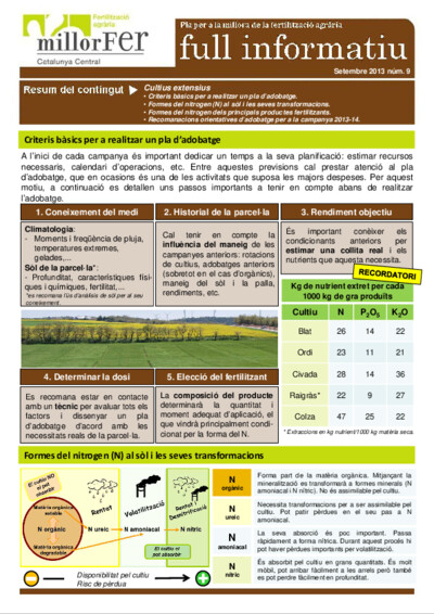 Núm. 9 Criteris bàsics d'un pla d'adobatge. El nitrogen al sòl i als productes fertilitzants. Recomanacions d'adobatge campanya 2013-14